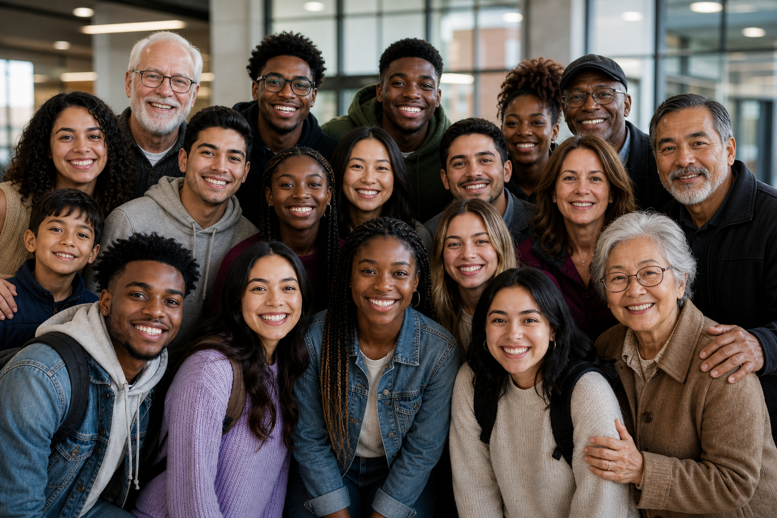 A diverse group of college students together on campus.